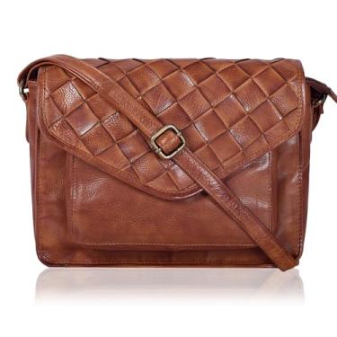 Imagem de Bolsa tiracolo feminina de couro com alça ajustável e fecho de pressão, Tecelagem marrom grande, Medium