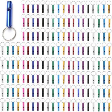 Imagem de 100 peças de apito de emergência com chaveiro, apito de sobrevivência de alumínio, chaveiro para acampamento, caminhadas, passeios de barco, caça, pesca
