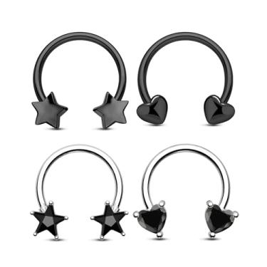 Imagem de Jewseen 4 peças anéis de septo 16G preto joias de septo estrela coração ferradura anéis de nariz para mulheres 316L aço cirúrgico Daith piercing joia Helix Tragus brinco para mulheres, 10mm, Aço