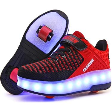 Imagem de Ufatansy tênis de skate com rodinhas recarregáveis USB para meninos e meninas, tênis fashion com rodas, superfície de malha confortável, dia de Ação de Graças, melhor presente de Natal, J-double Red, 1 Little Kid