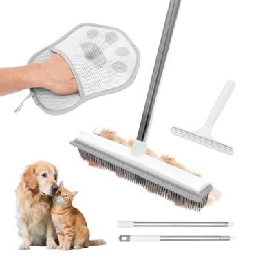 Imagem de Ancinho de carpete para remoção de pelos de animais de estimação, kit de ferramentas de remoção de pelos de cães de gato de 119 cm ajustável com rodo de silicone, escova reutilizável 3 em 1 para