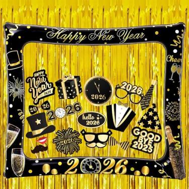 Imagem de Kit de moldura de cabine de fotos de ano novo – 38 peças, adereços de cabine de fotos de ano novo 2022, cortina de franjas de folha dourada | moldura inflável de 76 cm, decoração de NYE, artigos de festa de ano novo