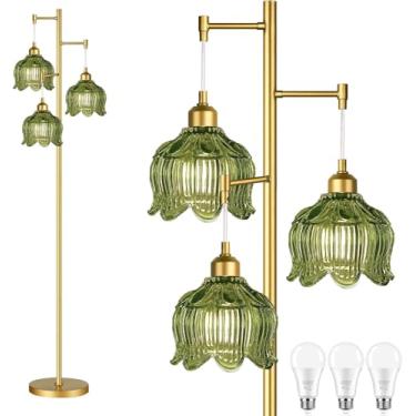 Imagem de QIYIZM Candeeiro de chão dourado para sala de estar, quarto, lâmpada de pé moderna de meados do século, árvore de latão, 3 lâmpadas de chão de altura, vintage, retro, luzes de vidro, verde, flor
