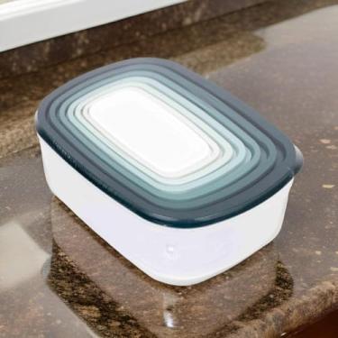 Imagem de Conjunto de Potes Plásticos Organizadores, 7 Peças Quadradas com Tampa Hermética, Transparente e Colorido, 100ml a 4L, Empilháveis para Cozinha