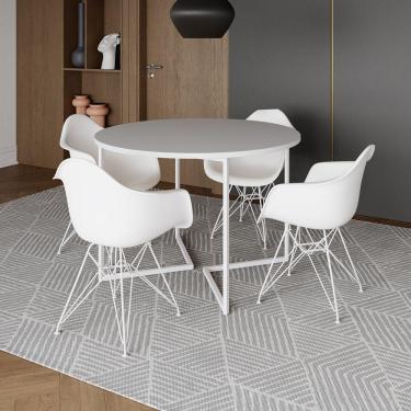 Imagem de Mesa Industrial Jantar Redonda Branca 110Cm Base V Com 4 Poltronas Daw Brancas Ferro Br Marrom