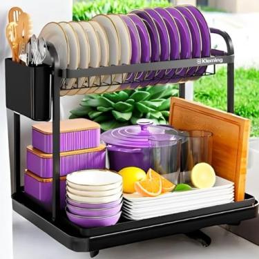 Imagem de KLEMING| Escorredor de Louças de Aço Carbono Inoxidável, Resistente à Ferrugem, Escorredor de Pratos, para Bancada de Cozinha com Bandeja Drenagem automática, Preto.