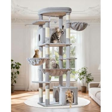 Imagem de Taoqimiao Árvore para gatos de 182 cm, torre para gatos 2GG para ambientes internos, grande adulto, 11,3 kg, plataforma extragrande, 2 casas para gatos, 7 pinos, rede durável extragrande, cesta