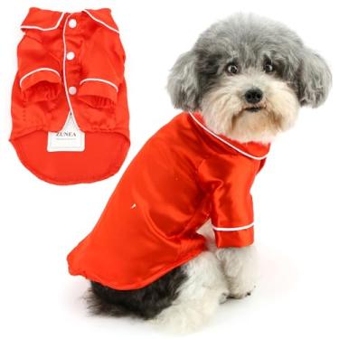 Imagem de Zunea Pijamas de seda sintética para cães de tamanho médio com lapela macia, roupa de dormir de duas pernas, roupa de dormir para uso interno, roupas para animais de estimação, roupas de festa,