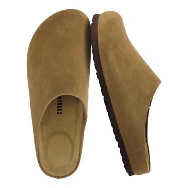 Imagem de CUSHIONAIRE Heath Tamancos femininos de camurça genuína, clássico para uso diário com conforto acolchoado macio, sapatos casuais femininos sem cadarço, Marrom, 40