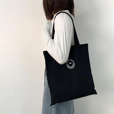 Imagem de Sacola feminina com estampa de rosto sorridente, bolsa de ombro reutilizável de grande capacidade, bolsa de lona para viagens, compras, preta