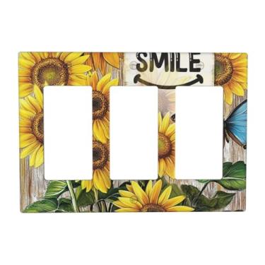Imagem de JDAKHD Placa decorativa para interruptor, girassóis e borboletas vibrantes, 3 gangues, capa de parede com textura de madeira rústica, dispositivo triplo, placa elétrica alegre decoração de casa