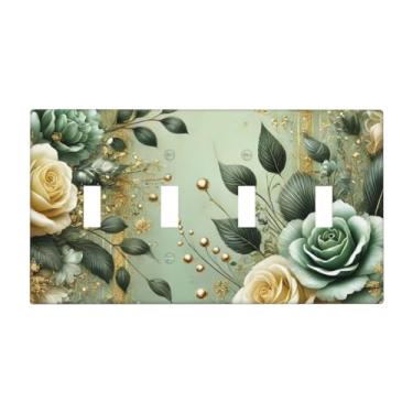 Imagem de LuHuoLu Placa decorativa para interruptor de luz, folhas florais verdes rústicas, flores azul-petróleo, listra dourada, placa de parede de 4 grupos, placa grande para interruptores quádruplos, placa