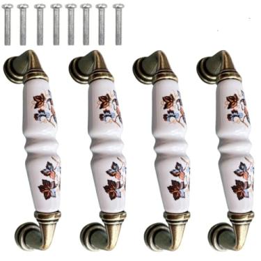 Imagem de Extrator de cerâmica vintage, pintado à mão folha verde porcelana branca cabo de cerâmica chinesa bronze antigo ferragens de liga de zinco 9,7 cm furador de furo 4 peças (flores omiji)