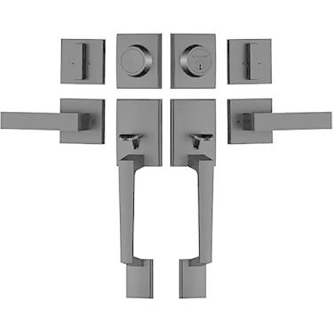Imagem de SUYA Conjunto de fechadura de porta frontal dupla resistente com fechadura de cilindro único e alavanca quadrada (combinação com chave e falso) - reversível para portas de entrada externas esquerda