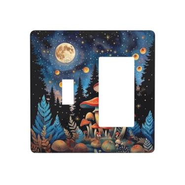 Imagem de SgEdao Capas de tomada decorativas cogumelo vermelho lua floresta noturna 2 gangues 1 gangue capa de parede interruptor de interruptor de luz combo placa de cobertura para quarto decoração de casa