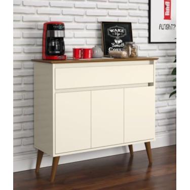 Imagem de Aparador Buffet Retrô Off White e Freijó Pés de Madeira com 3 Portas e Gaveta Zeus