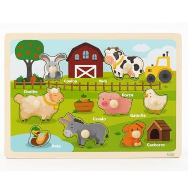 Imagem de Brinquedo Pedagógico Infantil, Quebra-Cabeça com Pinos de Animais da Fazenda, 8 Peças, Tabuleiro 30x22cm, Coordenação Motora, Madeira