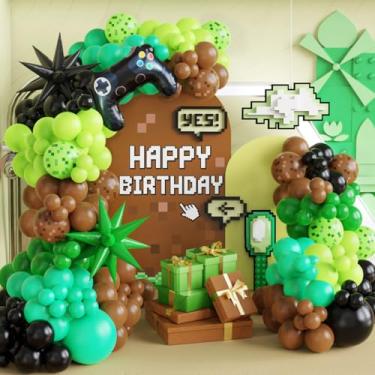 Imagem de 155 peças de balões pretos e marrons verdes, balões de vídeo game com balões de látex verde pixel e marrom para meninos, aniversário, chá de bebê, decorações de festa na selva