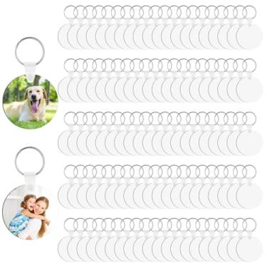 Imagem de 100 conjuntos de chaveiros MDF de dupla face em branco para sublimação, suprimentos de chaveiro redondo para artesanato DIY, componentes de presente personalizados com 100 clipes incluídos