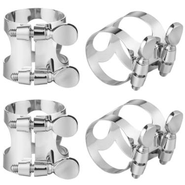 Imagem de Ligadura de saxofone E-Flat com parafusos ajustáveis para iniciantes, profissionais, 4 peças de ligaduras de bocal de saxofone, ligadura de bocal de saxofone alto de metal prateado, ligadura de bocal