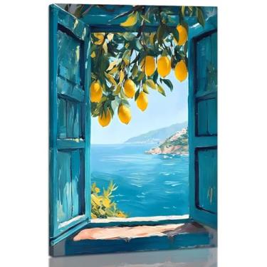 Imagem de Tela de praia com janela aberta emoldurada arte de parede costeira decoração de parede imagem limoeiro costeiro impressões em tela pintura arte de parede janela falsa horizontal paisagem paisagem