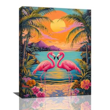 Imagem de Arte de parede de banheiro flamingo tropical palmeira decoração de parede impressão em tela de flamingo rosa imagens botânicas florais arte moderna decoração de casa para escritório banheiro quarto
