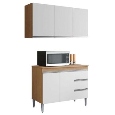 Imagem de Balcão De Cozinha Com Tampo 100cm E Armário Aéreo 3 Portas Andréia Amêndoa Branco - Ajl