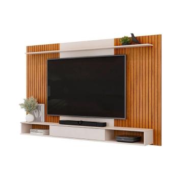 Imagem de Painel Leo Com Ripas E Prateleira Freijó Com Off White