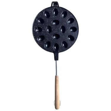 Imagem de Forma oval de bolo de ovo de 12 cavidades, máquina de waffle de metal antiaderente, molde de cozinha dupla face com cabo de madeira, 41 cm de comprimento, compatível com fogão a gás