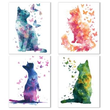 Imagem de Noaleviax Conjunto de pôster de parede de borboleta de gato - decoração temática de gato coquete, imagens de borboletas aquarela, arte de parede estética para sala de aula, casa, quarto, banheiro, 20