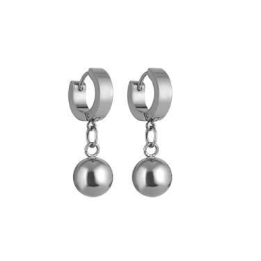 Imagem de Brincos de argola de bola de aço inoxidável, brincos pendentes de prata para mulheres, personalidade, Standard, Aço inoxidável, Zircônia cúbica