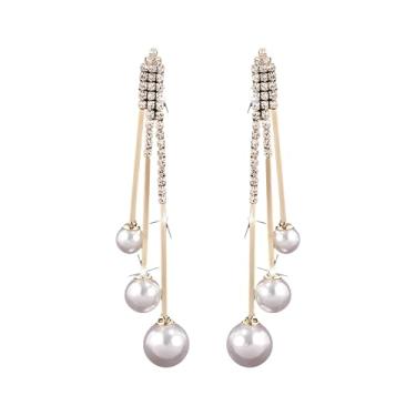 Imagem de Brincos femininos longos de pérolas com borla de strass - Brincos de borla banhados a ouro 14 K cintilantes para mulheres - Brincos elegantes de cristal e pérola para festa de noiva - Brincos longos