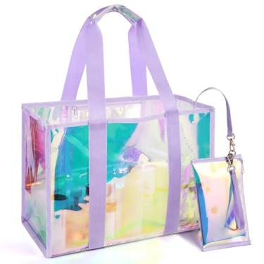 Imagem de todbown Bolsa de praia transparente iridescente: impermeável e leve com bolsa de telefone destacável - essencial para viagens, litoral, Roxa, X-Large
