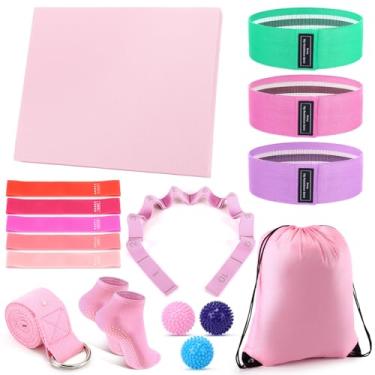Imagem de Halloscume Kit de 16 peças de pilates caseiro para mulheres, faixa de resistência, faixa de alongamento, meias antiderrapantes, bolas de fáscia de ioga, cinto elástico em seções, almofadas