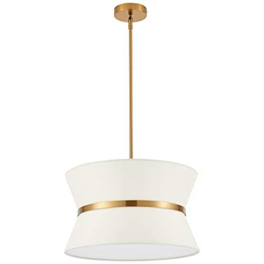 Imagem de Lustre moderno com sombra de tecido off-white e acabamento em latão luminária pendente ajustável para cozinha, ilha, sala de estar, quarto, corredor, E26, diâmetro 45,7 cm, listado na UL