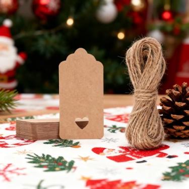 Imagem de 50 etiquetas de presente Kraft com 3 rolos de corda de juta natural, 4 x 7 cm, etiquetas de pendurar em branco marrom para presentes de casamento de Natal