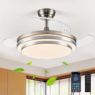 Imagem de FIDGRA Lustre de teto de 42 polegadas com luz, ventilador de teto retrátil com luzes para quarto, sala de estar, sala de jantar, lustre com ventilador de 6 velocidades, LED regulável em níquel