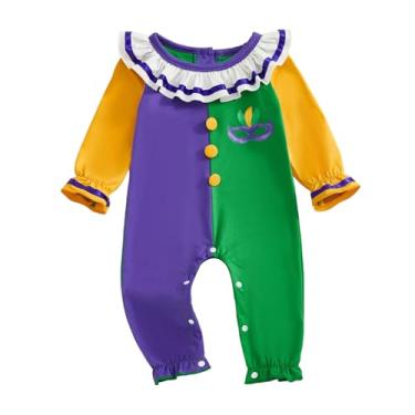 Imagem de Ayalinggo Macacão de carnaval de bebê carnaval para recém-nascido, cor contrastante, gola com babados, manga comprida, macacão estampado 0-18 meses (contraste roxo e verde, 3 a 6 meses)