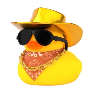 Imagem de wonuu Chapéu de cowboy brilhante, patos de borracha, decoração de painel, acessórios de ornamento de pato para carro, com chapéu, óculos de sol, corrente de cachecol, dourado