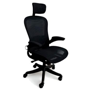 Imagem de Cadeira Ergonômica Executiva de Malha, Preta, com Encosto Alto, Apoio de Cabeça Ajustável, Braços Rebatíveis, Base Giratória com Rodízios