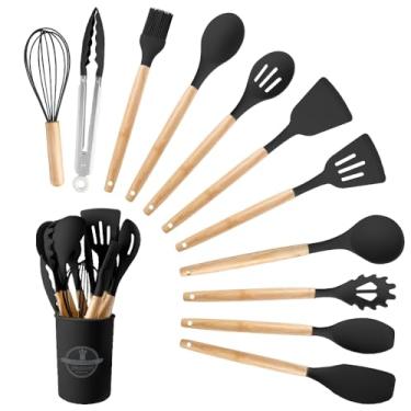 Imagem de Conjunto de utensílios de cozinha de silicone, 12 peças grandes de utensílios de cozinha resistentes ao calor, espátula, colher, utensílios de cozinha com cabo de madeira com suporte para panelas