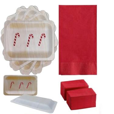 Imagem de Perfect Stix Conjunto de festa de Natal, pratos descartáveis de madeira com design espiral de hortelã-pimenta, 18 cm, 25 unidades, guardanapos de jantar vermelhos, 50 unidades