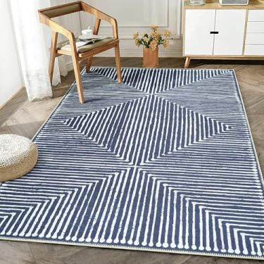 Imagem de Bloom Rugs Tapete lavável antiderrapante de 6 cm x 7 cm - Tapete listrado azul para sala de estar, quarto, sala de jantar e cozinha - Tamanho exato: 5 x 7 cm