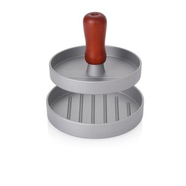 Imagem de Forma Para Moldar Hambúrguer de Alumínio com Cabo de Madeira – Prensa Manual para Hambúrgueres Perfeitos