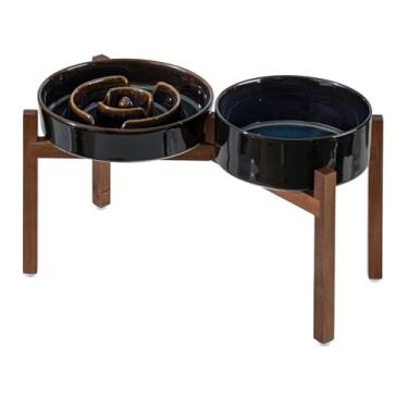 Imagem de Havniva Conjunto de tigelas elevadas de cerâmica com alimentador lento de 1,6 xícara, tigela elevada de 18,5 cm e prato de 20,8 cm com suporte de madeira de acácia para cães médios e grandes (céu