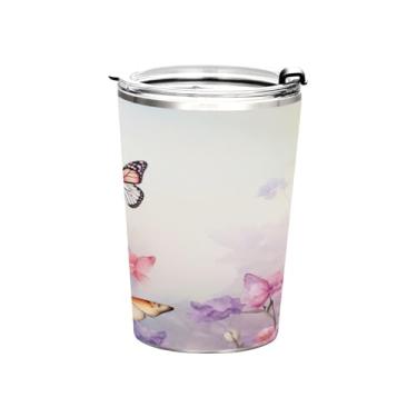 Imagem de Blueangle Copo de 340 g com tampa e canudo, copo de café com água isolada a vácuo de aço inoxidável, copo térmico de borboletas rosa para bebidas quentes e frias (213)