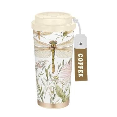 Imagem de SEHANY Caneca de viagem borboleta e flores de 482 ml Copos de café reutilizáveis revestidos de cerâmica com tampa à prova de vazamento, parede dupla, isolamento a vácuo, copo de café de aço inoxidável