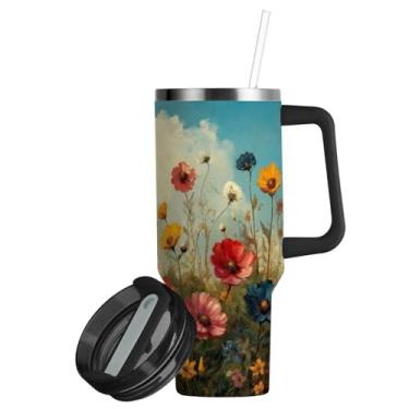 Imagem de ATTX Copo de pintura a óleo de flores silvestres de 850 g com alça, copo de aço inoxidável a vácuo de parede dupla com palha, caneca de café de viagem isolada #771