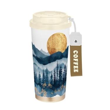 Imagem de SEHANY Caneca de viagem com paisagem de montanha em aquarela de 482 g, copos de café reutilizáveis revestidos de cerâmica com tampa à prova de vazamento, parede dupla, isolamento a vácuo, copo de café
