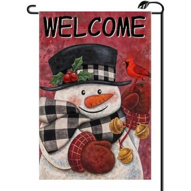 Imagem de Boneco de neve, bem-vindo, Natal, jardim, bandeira, 30,5 x 45,7 cm, vertical, frente e verso, inverno, feliz Natal, cardeal, pássaro, búfalo, xadrez, pequenas bandeiras de fazenda decoração externa